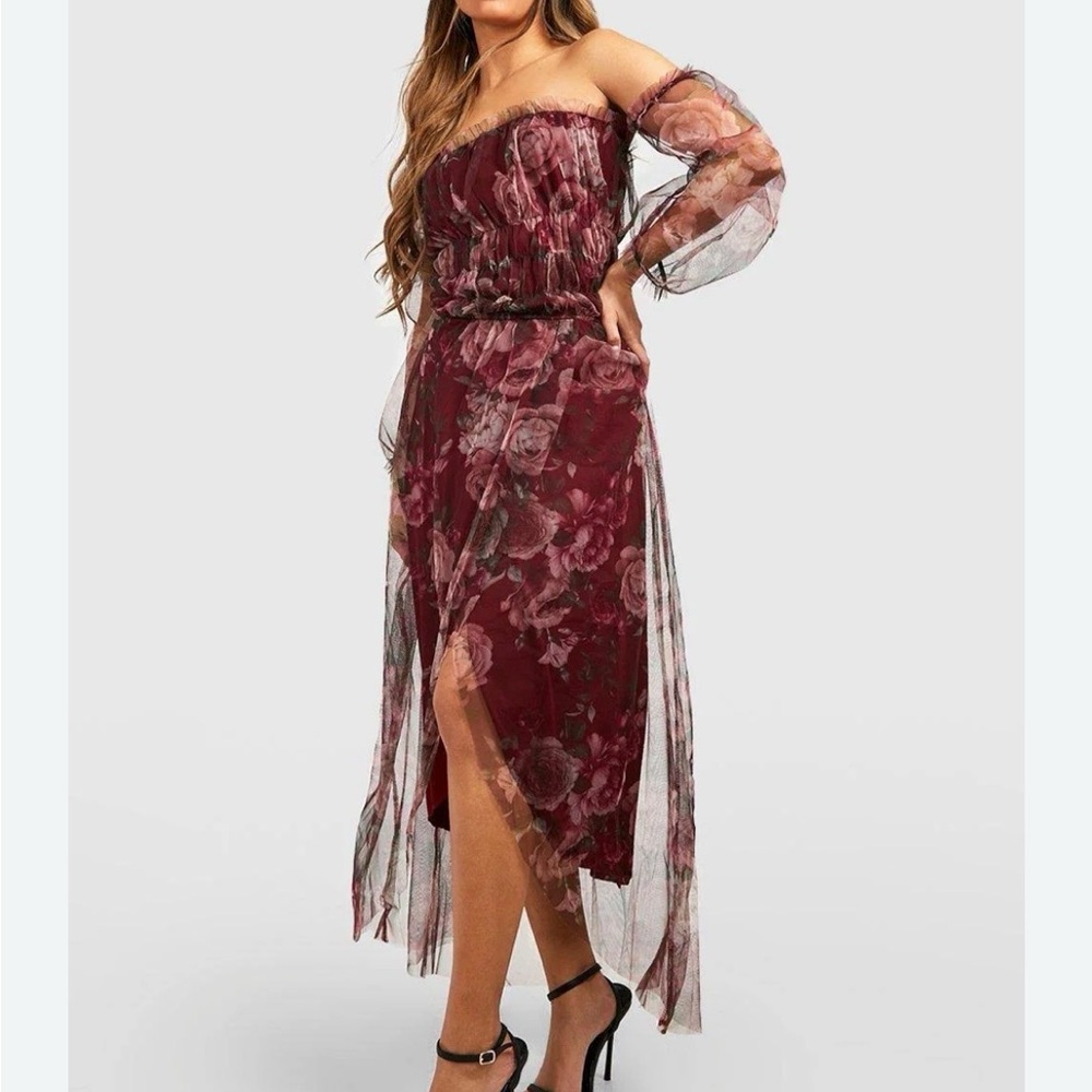 Boohoo Burgundy Floral Long Sleeve Dress